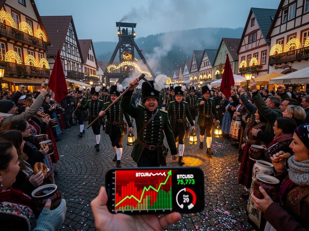 Erzgebirge Bergmannsfest Stollberg Marktplatz mit Crypto-Chart Overlay, Fear & Greed 29 und traditionellen Bergleuten