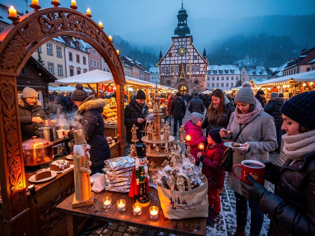 Stollberg Weihnachtsmarkt mit Schwibbögen und Glühwein-Ständen am Marktplatz