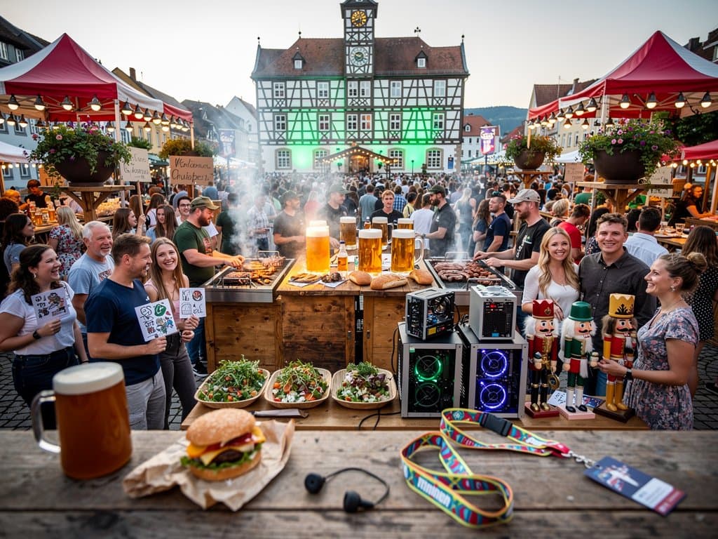 Stollberg Festival auf Marktplatz: Gastronomie-Stände mit Crypto-Mining-Themen und Bergbau-Elementen