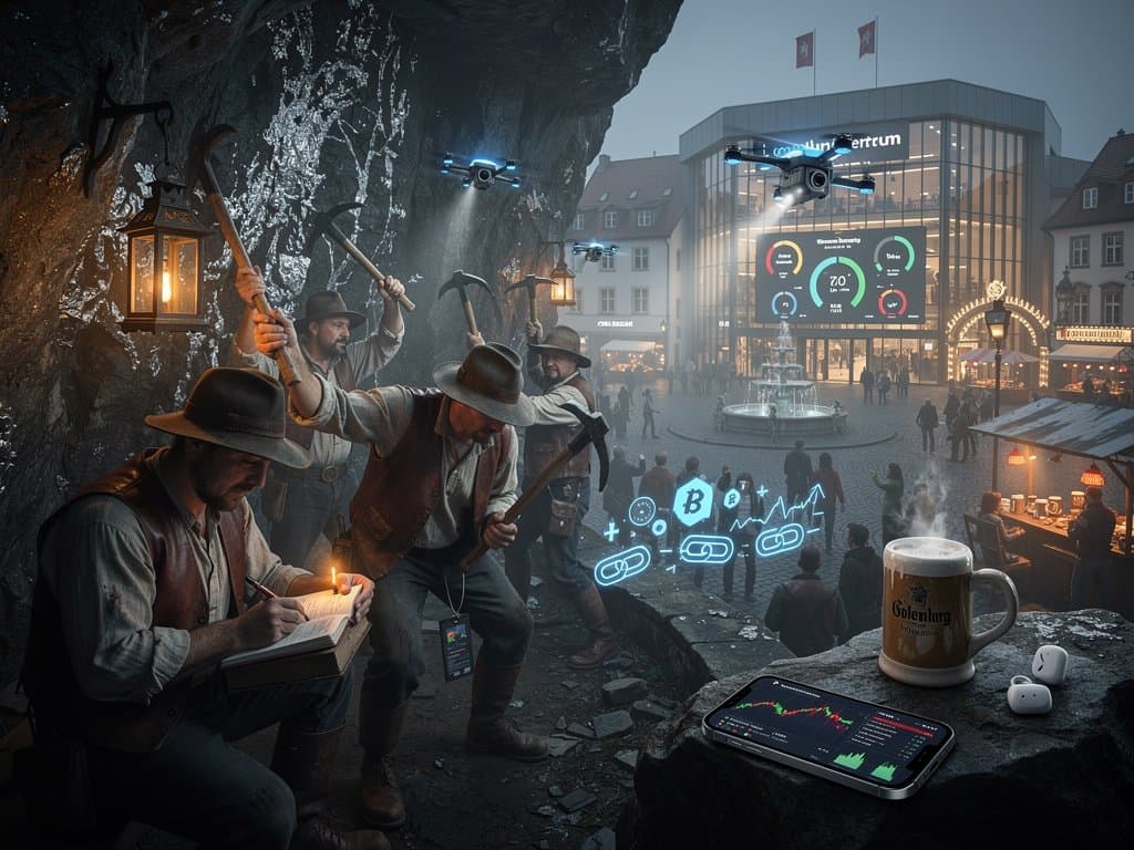 Erzgebirge-Bergbau mit Crypto-Elementen beim Stollberg Fest, Kulturzentrum mit BTC-Chart 75.903 USD