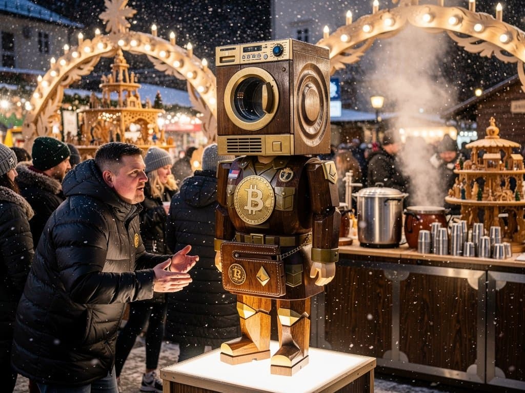 Satirischer Nussknacker zum IDF Krypto-Skandal Stollberg auf Weihnachtsmarkt mit BTC-Motiven