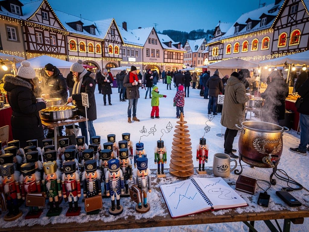 Satirische Nussknacker mit Bitcoin-Motiven auf Stollberg Weihnachtsmarkt, Marktplatz bei Nacht mit Schwibbögen und Ständen