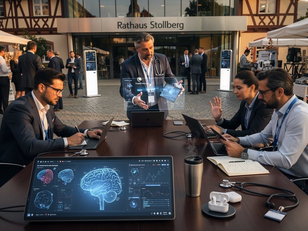Experten diskutieren KI in der Gesundheit vor Rathaus Stollberg mit Tech-Displays