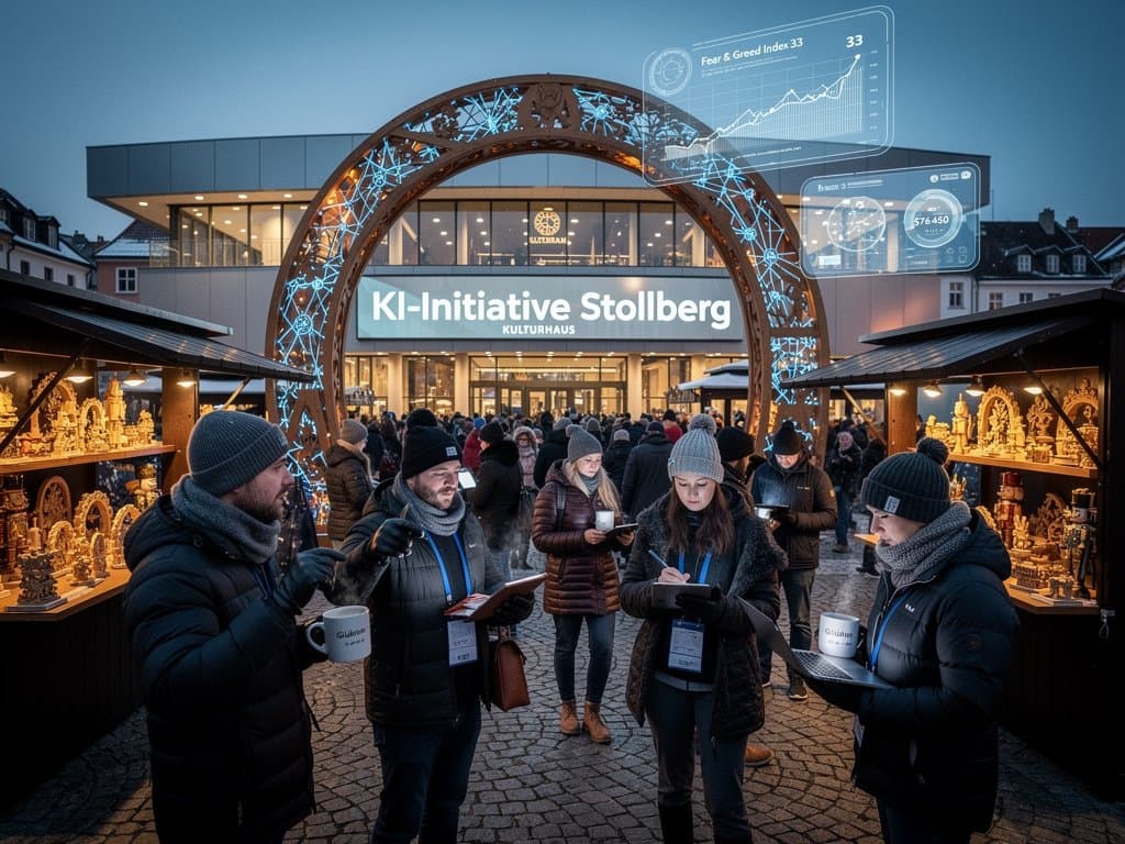Schwibbögen mit KI-Elementen auf Stollberg Marktplatz, Fear & Greed Index und Bitcoin-Chart sichtbar
