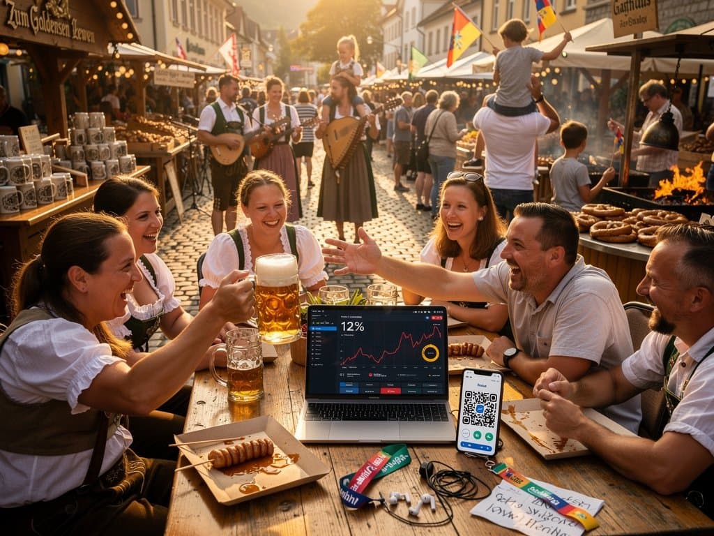 Stollberger Marktplatz beim Stadtfest mit Crypto-Smartphones und FLOW-Charts