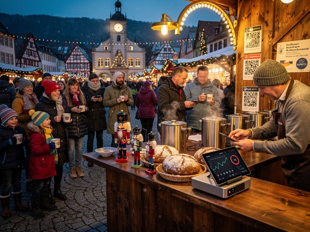 Stollberg Marktplatz-Weihnachtsmarkt mit Bitcoin-Zahlung per QR-Code bei 75.893 USD