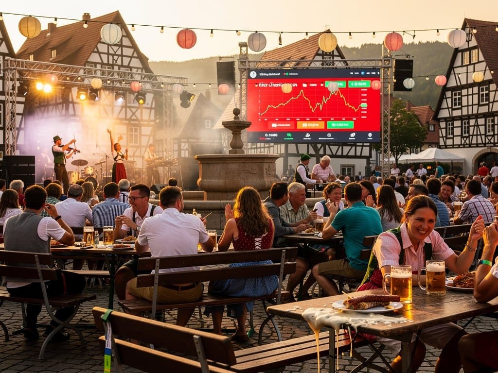 Stollberg Stadtfest Marktplatz mit Bierbänken, Krypto-Chart Fear & Greed 32, stabile Gastronomie