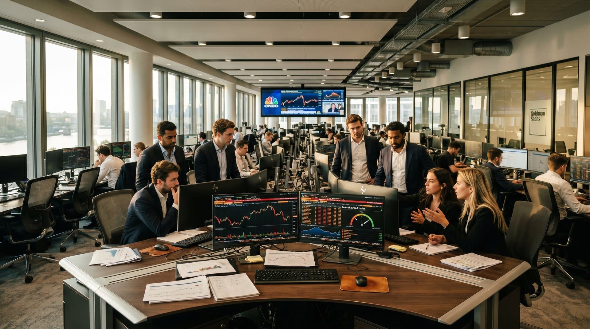 Analysten am Goldman Sachs Trading Floor analysieren Crypto-Charts mit BTC bei 77.583 USD auf Multi-Monitor-Setups unter LED-Lichtern