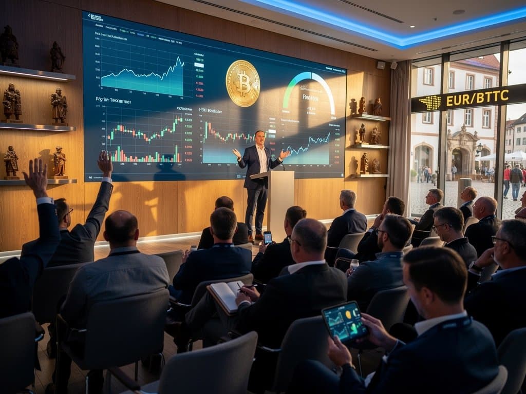 EWC-Bühne in Stollberg mit Krypto-Charts, lokalem Publikum und Erzgebirge-Deko